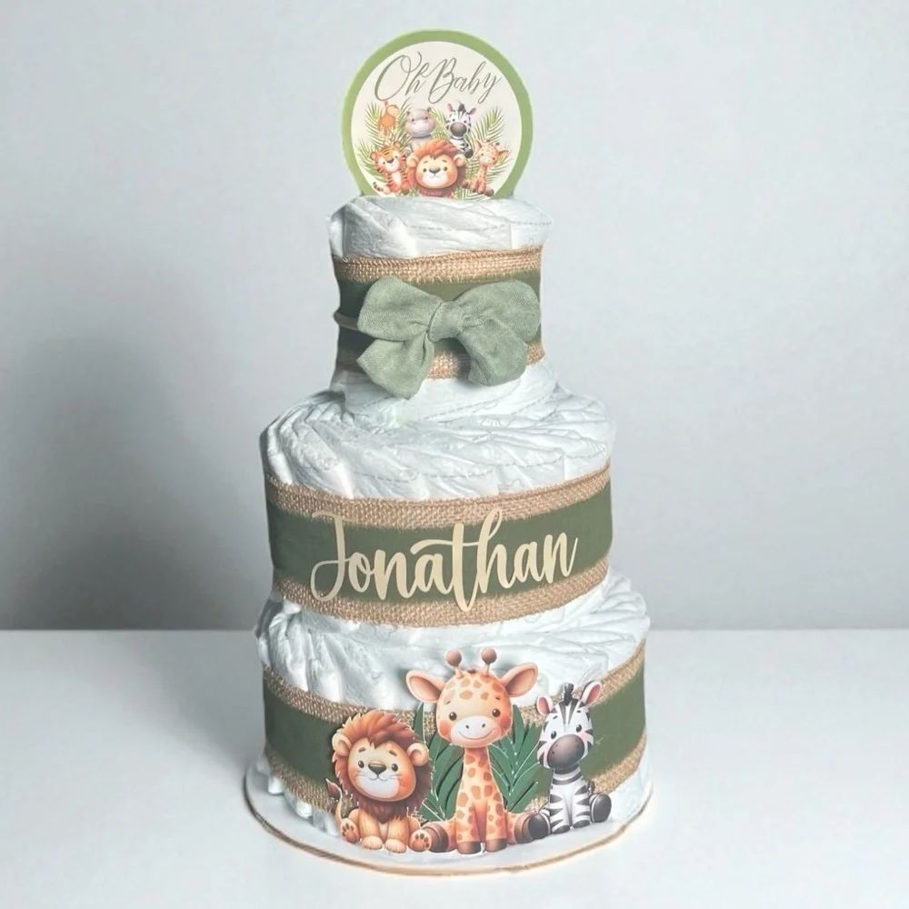🦁 Personalized Safari Diaper Cake - 3 Tier | Baby Shower Centerpiece 🎁